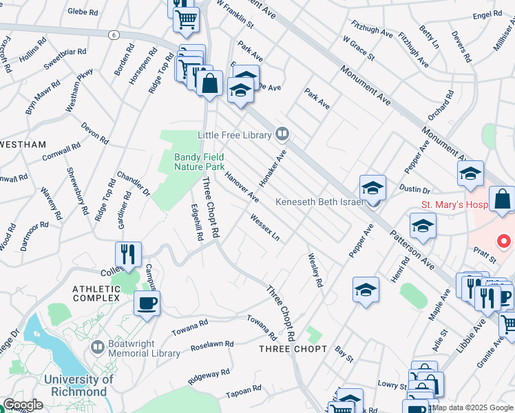 map of restaurants, bars, coffee shops, grocery stores, and more near 6523 Wessex Lane in Richmond