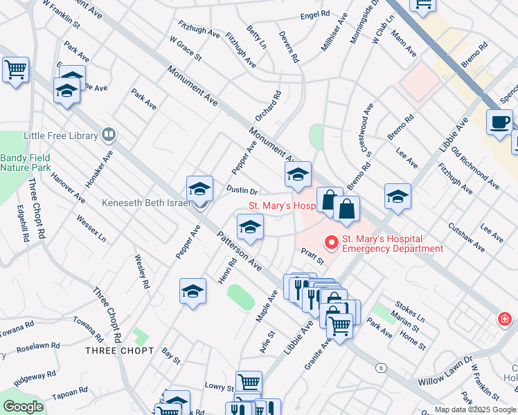 map of restaurants, bars, coffee shops, grocery stores, and more near 6114 Hampstead Avenue in Richmond