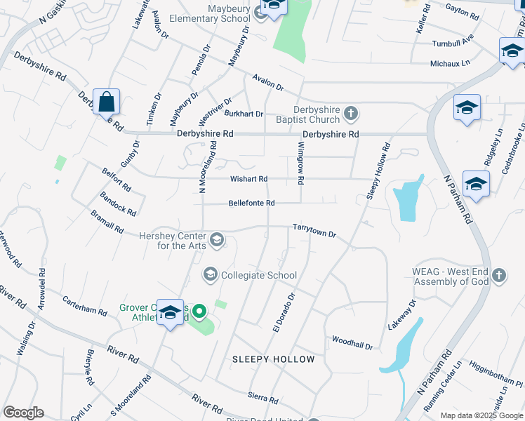 map of restaurants, bars, coffee shops, grocery stores, and more near 8951 Bellefonte Road in Richmond