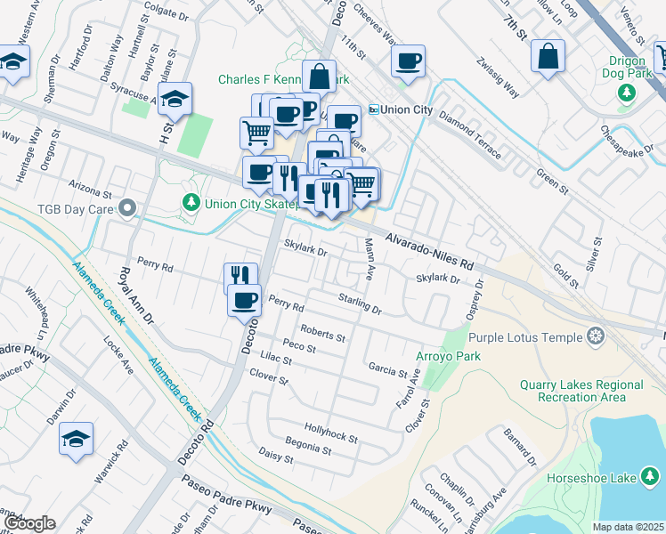 map of restaurants, bars, coffee shops, grocery stores, and more near 2263 Peacock Place in Union City