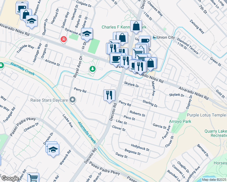 map of restaurants, bars, coffee shops, grocery stores, and more near 2499 Decoto Road in Union City
