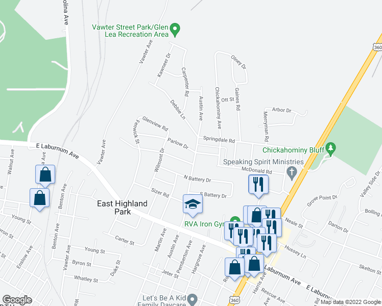 map of restaurants, bars, coffee shops, grocery stores, and more near 1817 Parlow Drive in Richmond