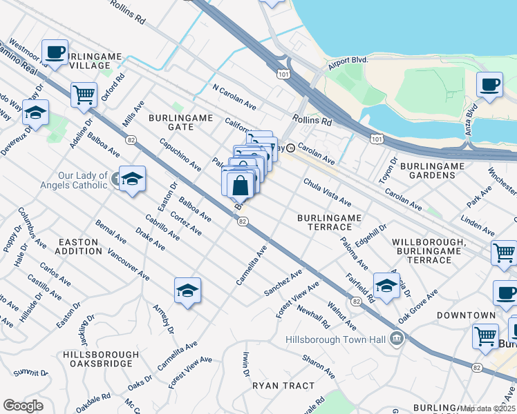 map of restaurants, bars, coffee shops, grocery stores, and more near 1132 Capuchino Avenue in Burlingame