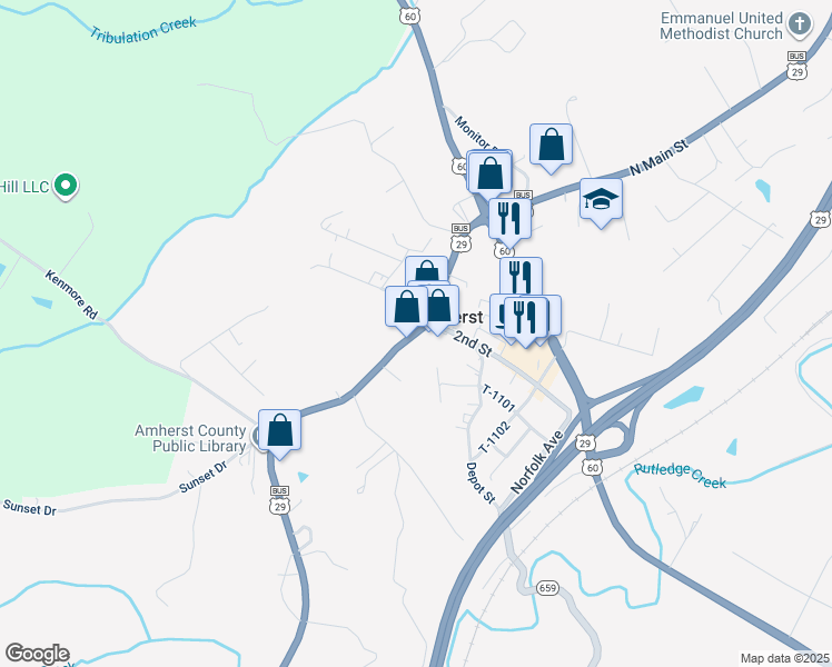 map of restaurants, bars, coffee shops, grocery stores, and more near 624 U.S. 29 Business in Amherst