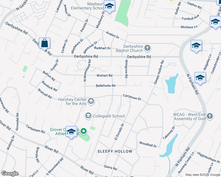 map of restaurants, bars, coffee shops, grocery stores, and more near 8951 Bellefonte Road in Richmond