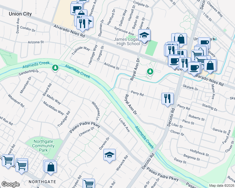map of restaurants, bars, coffee shops, grocery stores, and more near 34233 Perry Glen Terrace in Union City
