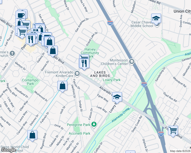 map of restaurants, bars, coffee shops, grocery stores, and more near 3868 Shovler Lake Court in Fremont