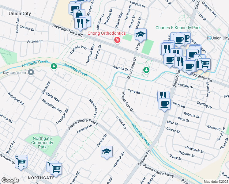 map of restaurants, bars, coffee shops, grocery stores, and more near 34233 Perry Glen Terrace in Union City