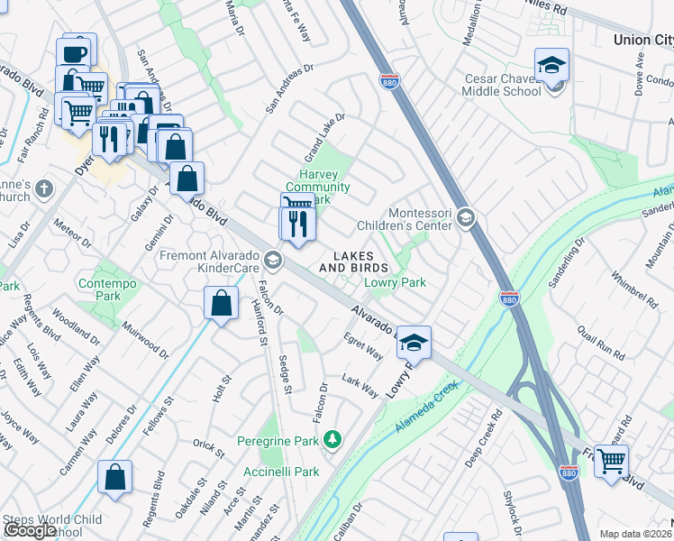 map of restaurants, bars, coffee shops, grocery stores, and more near 3868 Shovler Lake Court in Fremont