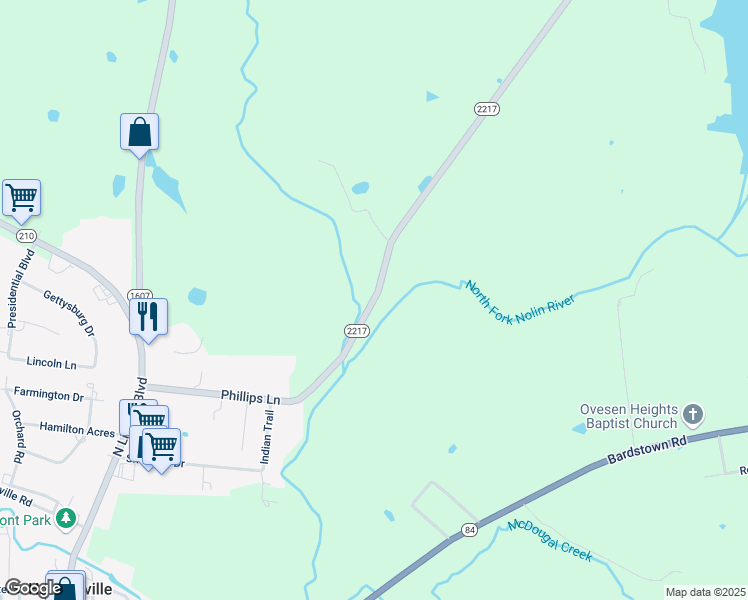 map of restaurants, bars, coffee shops, grocery stores, and more near Phillips Lane in Hodgenville