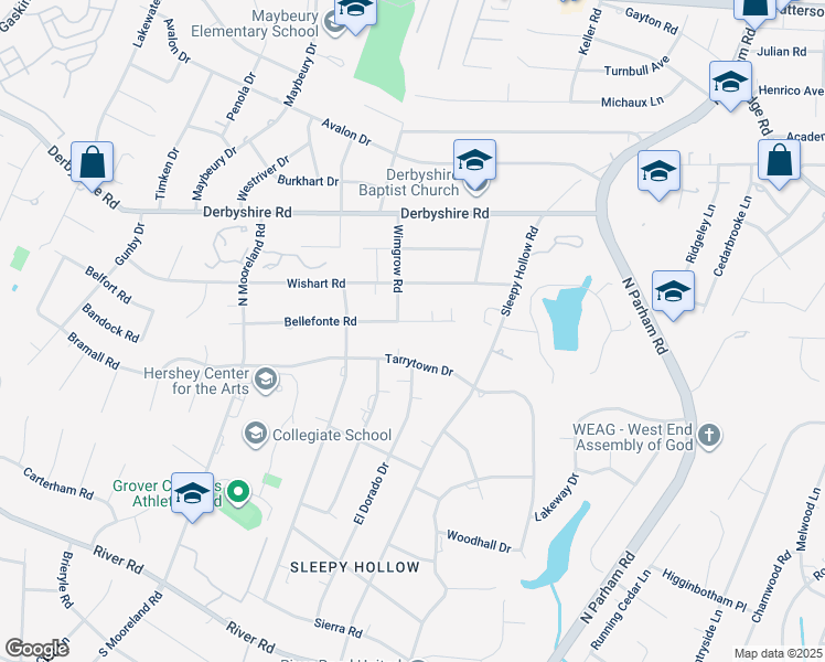 map of restaurants, bars, coffee shops, grocery stores, and more near 8807 Bellefonte Road in Richmond