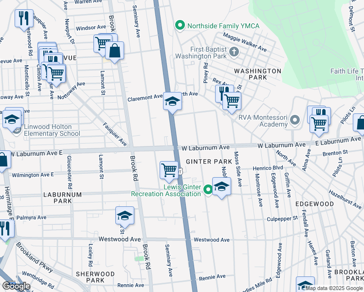 map of restaurants, bars, coffee shops, grocery stores, and more near 3617 Chamberlayne Avenue in Richmond