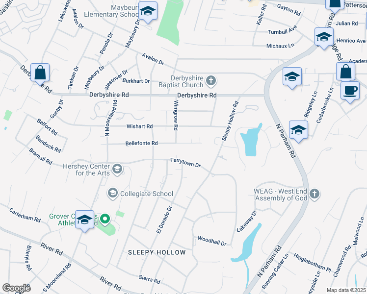map of restaurants, bars, coffee shops, grocery stores, and more near 8807 Bellefonte Road in Richmond