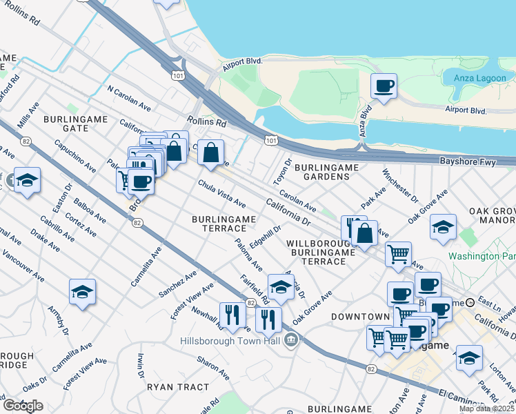 map of restaurants, bars, coffee shops, grocery stores, and more near 925 Chula Vista Avenue in Burlingame
