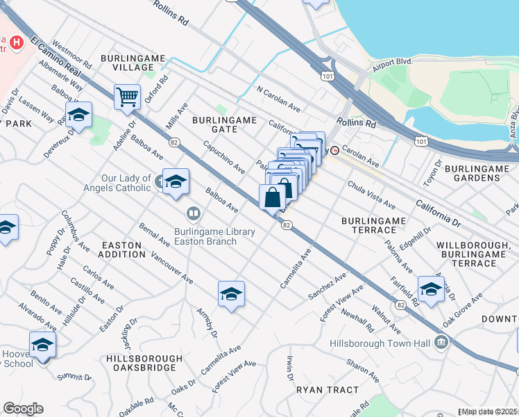 map of restaurants, bars, coffee shops, grocery stores, and more near 1208 Balboa Avenue in Burlingame