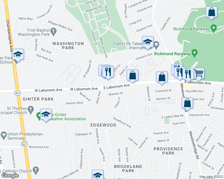 map of restaurants, bars, coffee shops, grocery stores, and more near 13 East Laburnum Avenue in Richmond
