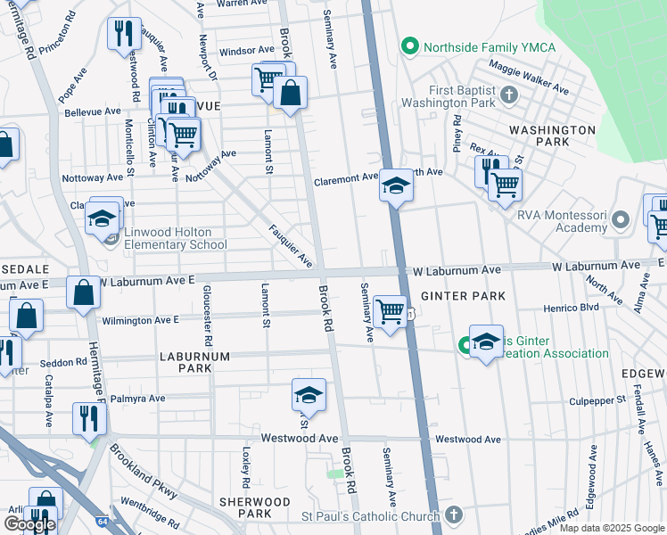 map of restaurants, bars, coffee shops, grocery stores, and more near 1105 West Laburnum Avenue in Richmond