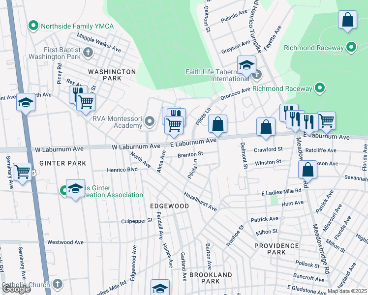 map of restaurants, bars, coffee shops, grocery stores, and more near 13 East Laburnum Avenue in Richmond
