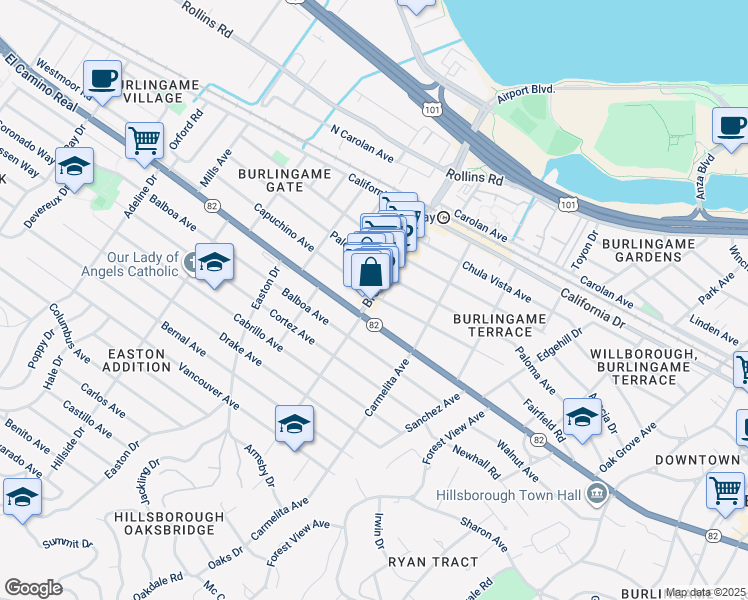 map of restaurants, bars, coffee shops, grocery stores, and more near 1405O Broadway in Burlingame
