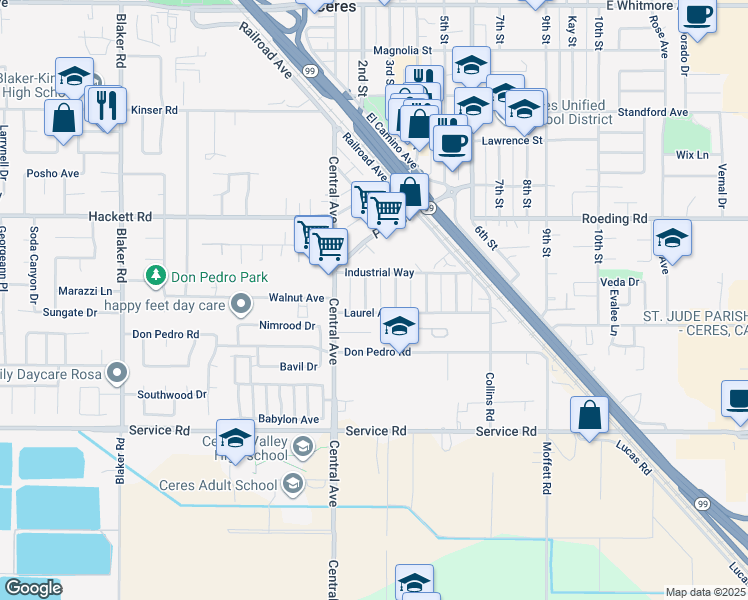 map of restaurants, bars, coffee shops, grocery stores, and more near 2116 Laurel Avenue in Ceres