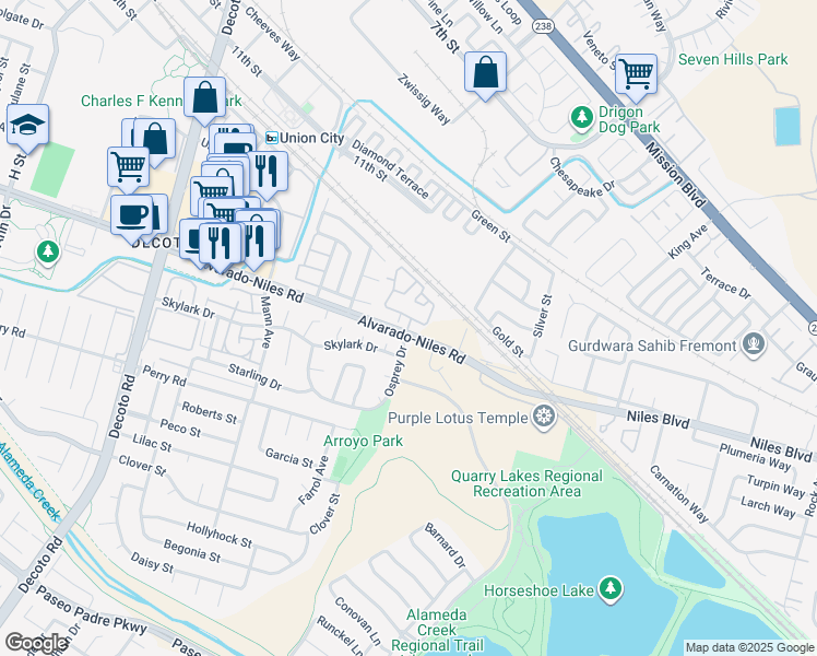 map of restaurants, bars, coffee shops, grocery stores, and more near Monterra Terrace in Union City