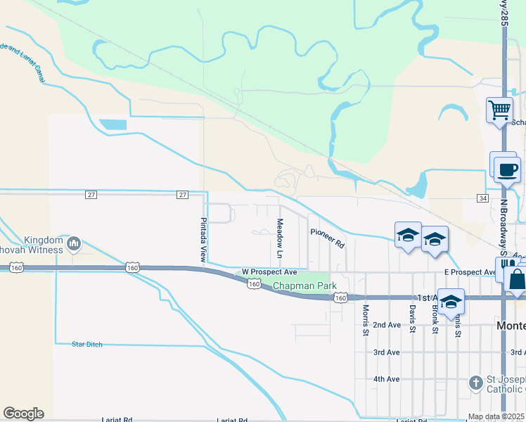 map of restaurants, bars, coffee shops, grocery stores, and more near 55 Meadow Lane in Monte Vista