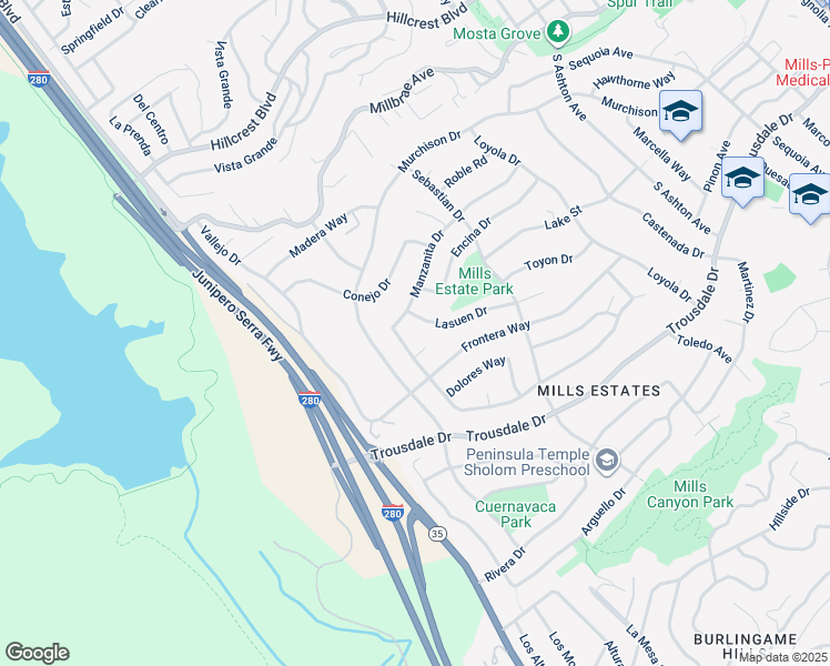 map of restaurants, bars, coffee shops, grocery stores, and more near 1409 Gavilan Way in Millbrae
