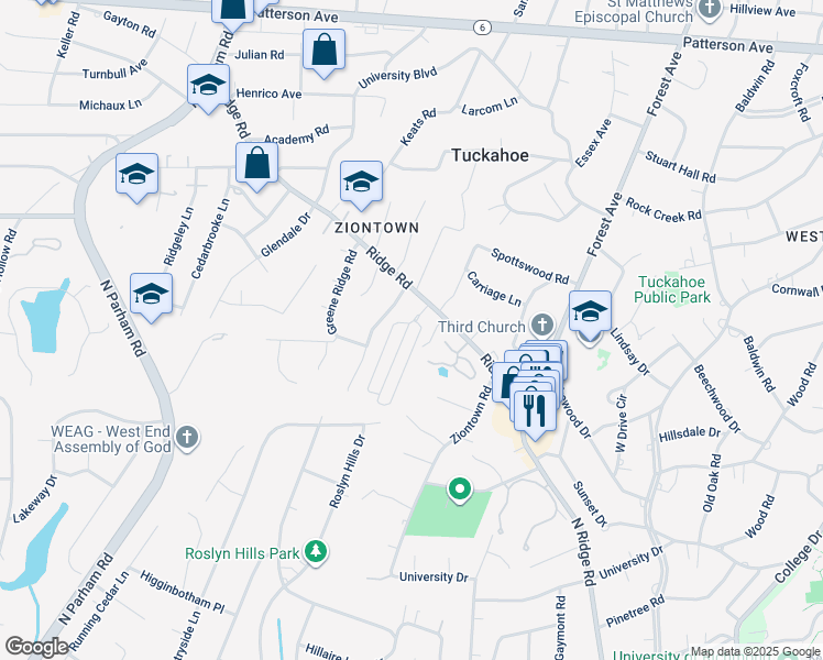map of restaurants, bars, coffee shops, grocery stores, and more near 543 Saint Albans Way in Richmond