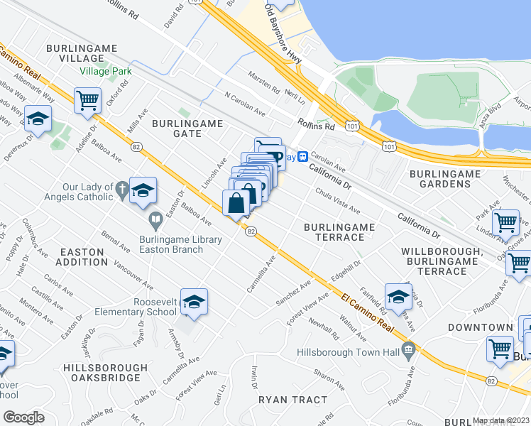 map of restaurants, bars, coffee shops, grocery stores, and more near 1136 Capuchino Avenue in Burlingame