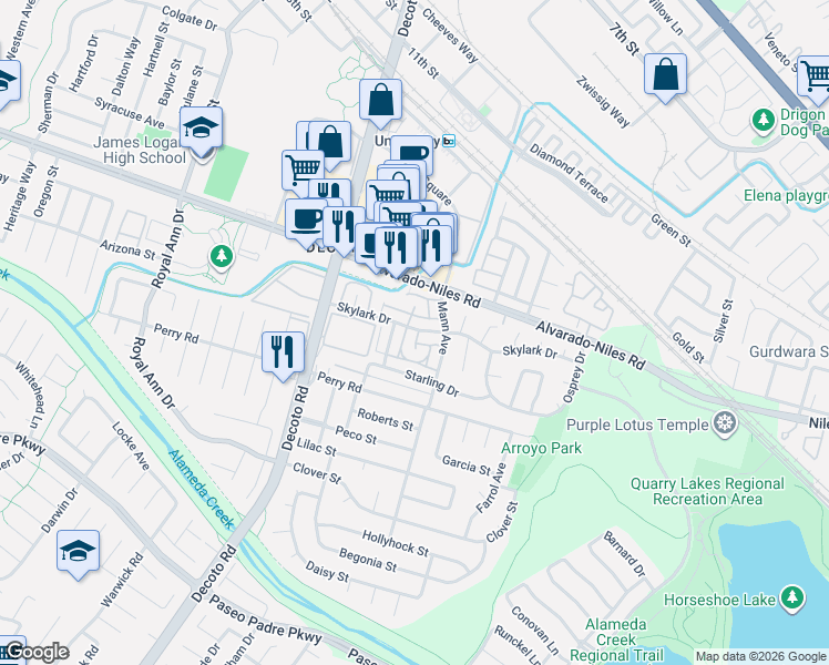 map of restaurants, bars, coffee shops, grocery stores, and more near 2263 Peacock Place in Union City