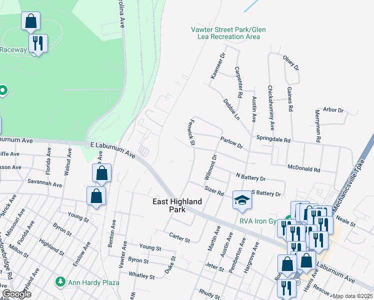 map of restaurants, bars, coffee shops, grocery stores, and more near 1613 Lyndover Road in Richmond