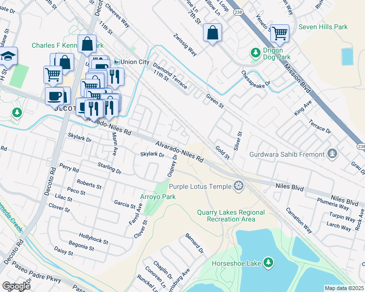 map of restaurants, bars, coffee shops, grocery stores, and more near 35511 Monterra Terrace in Union City
