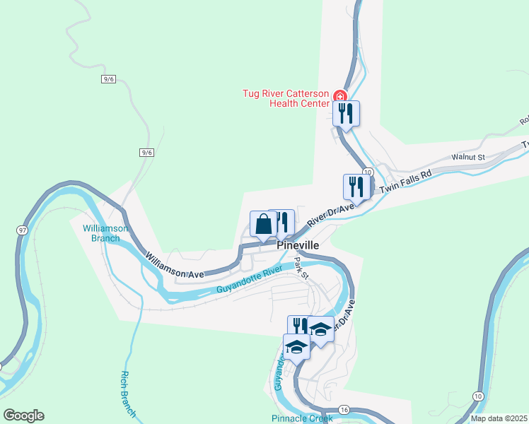 map of restaurants, bars, coffee shops, grocery stores, and more near Bank Street in Pineville