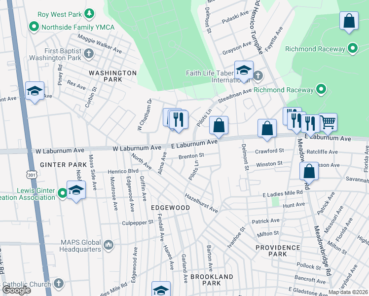 map of restaurants, bars, coffee shops, grocery stores, and more near 4 East Laburnum Avenue in Richmond