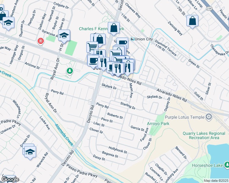 map of restaurants, bars, coffee shops, grocery stores, and more near 2172 Skylark Court in Union City