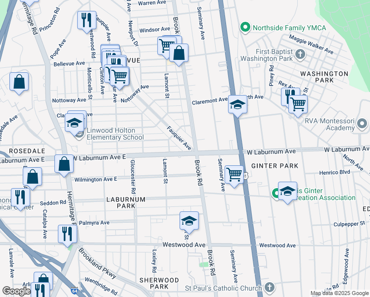 map of restaurants, bars, coffee shops, grocery stores, and more near 3802 Fauquier Avenue in Richmond