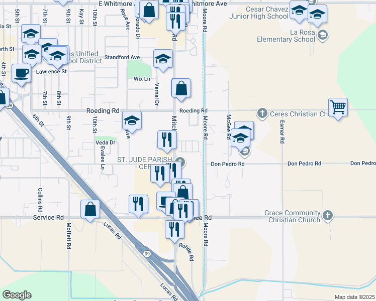 map of restaurants, bars, coffee shops, grocery stores, and more near 3606 Buffalo Way in Ceres