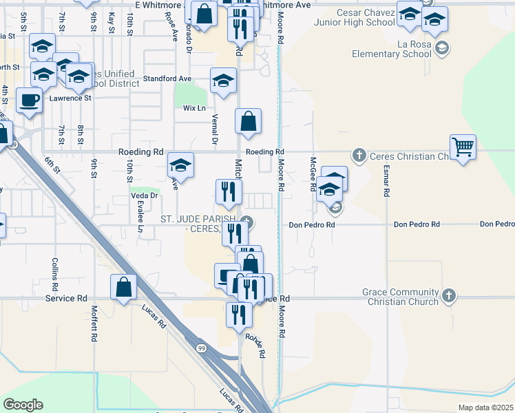 map of restaurants, bars, coffee shops, grocery stores, and more near 3606 Buffalo Way in Ceres