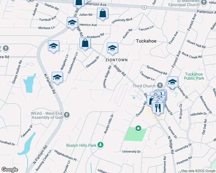 map of restaurants, bars, coffee shops, grocery stores, and more near 505 Greene Ridge Road in Richmond