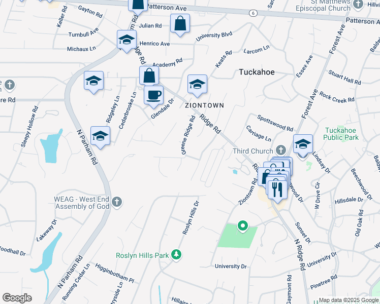 map of restaurants, bars, coffee shops, grocery stores, and more near 505 Greene Ridge Road in Richmond
