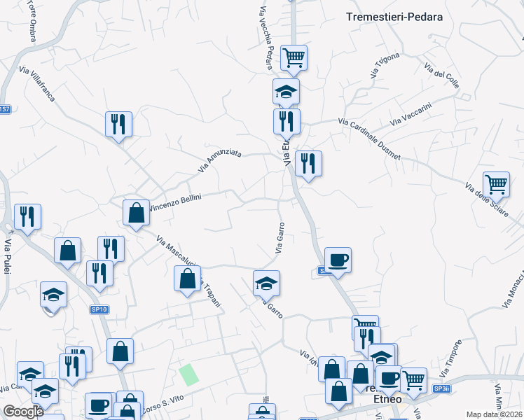 map of restaurants, bars, coffee shops, grocery stores, and more near 22 Via Vincenzo Bellini in Tremestieri Etneo