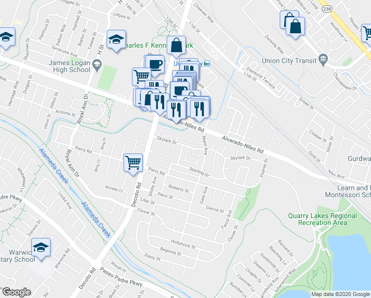 map of restaurants, bars, coffee shops, grocery stores, and more near 2141 Swan Court in Union City