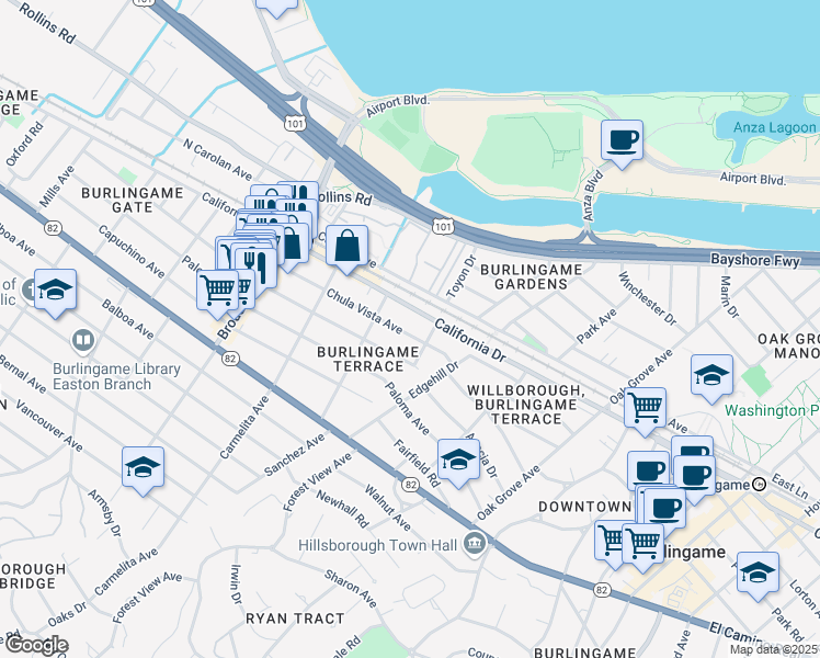 map of restaurants, bars, coffee shops, grocery stores, and more near 921 California Drive in Burlingame