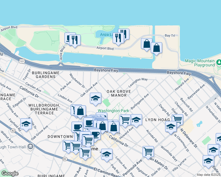 map of restaurants, bars, coffee shops, grocery stores, and more near 447 Cumberland Drive in Burlingame