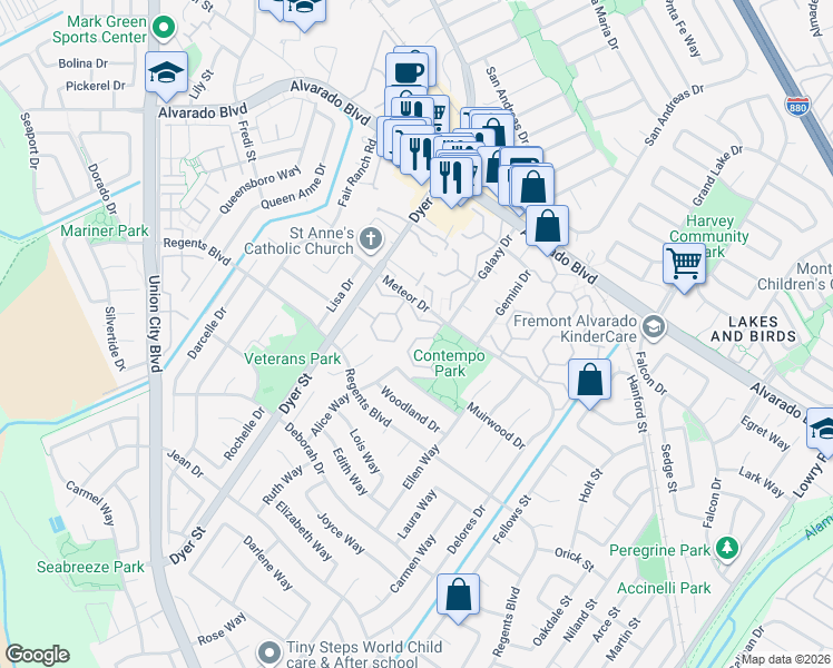 map of restaurants, bars, coffee shops, grocery stores, and more near 4396 Planet Circle in Union City
