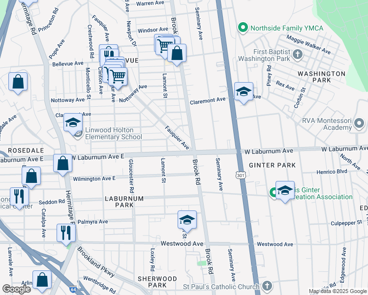 map of restaurants, bars, coffee shops, grocery stores, and more near 3802 Fauquier Avenue in Richmond