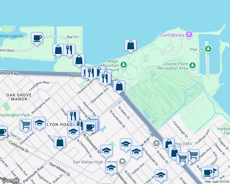 map of restaurants, bars, coffee shops, grocery stores, and more near 931 North Amphlett Boulevard in San Mateo