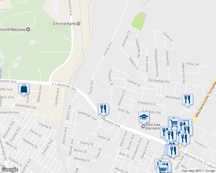 map of restaurants, bars, coffee shops, grocery stores, and more near 1613 Lyndover Road in Richmond