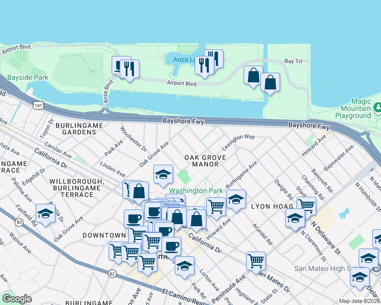 map of restaurants, bars, coffee shops, grocery stores, and more near 447 Cumberland Drive in Burlingame