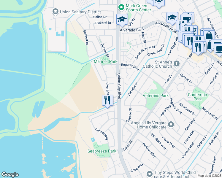 map of restaurants, bars, coffee shops, grocery stores, and more near 4711 Harbor Cove Court in Union City